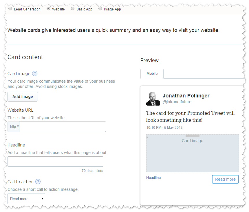 twitter website cards setup